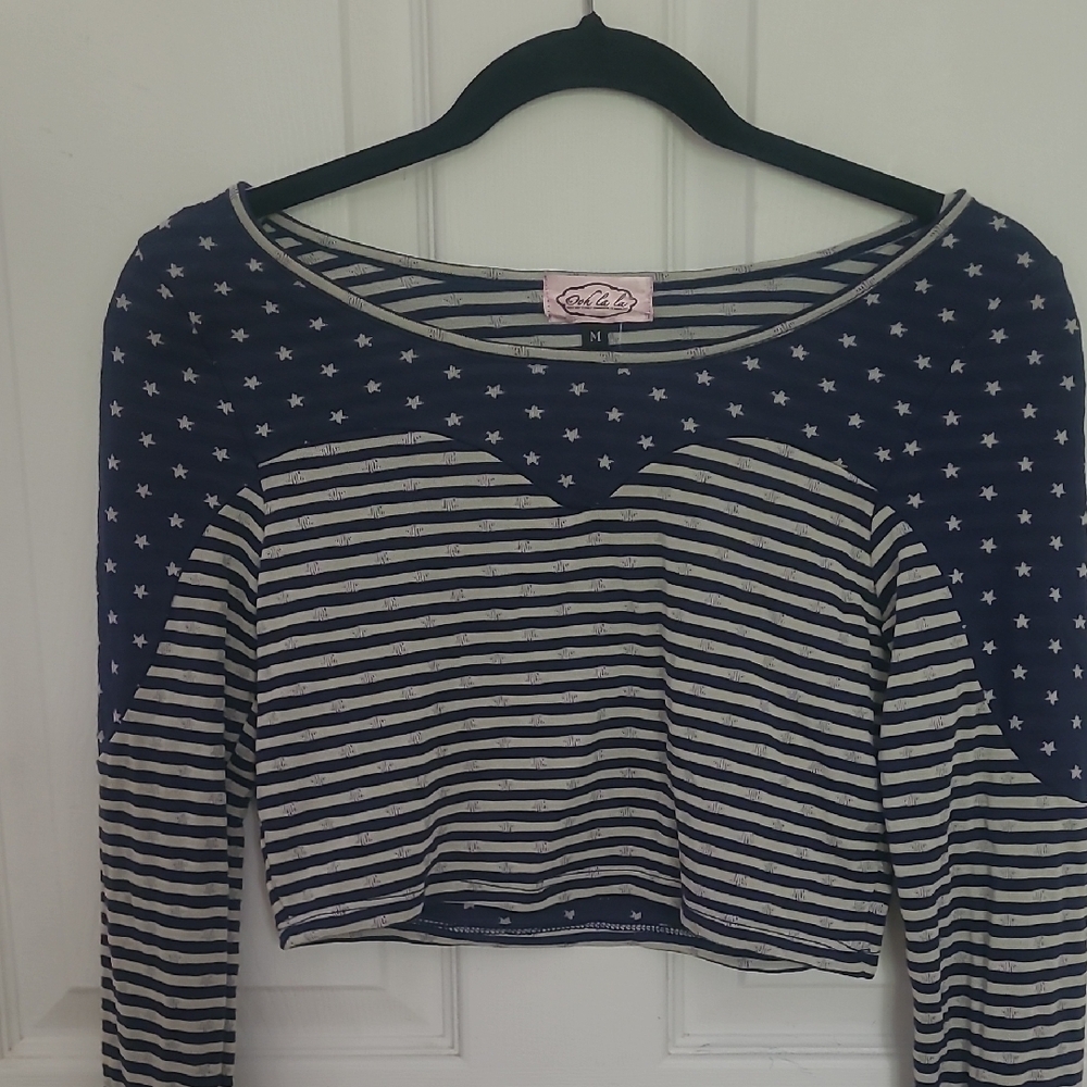 Navy and White Star Striped Crop Top